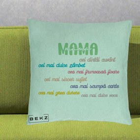 Cadou pentru Mama - Perna Personalizata Mama Cel Dintai Cuvant cu Text Colorat Multicolor, 40x40 cm, Verde Menta, Husa Detasabila, Perna Inclusa, BEKZ®
