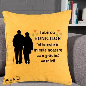 Cadou pentru Bunici - Perna Personalizata Bunicii Iubirea Infloreste Silueta Neagra Flori, 40x40 cm, Galben, Husa Detasabila, Perna Inclusa, BEKZ®