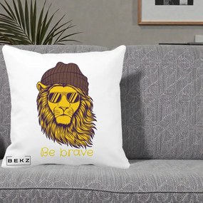 Perna Decorativa Leu Hipster Be Brave, 40x40 cm, Alba Mata, Husa Detasabila, Perna Inclusa, BEKZ®