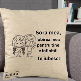 Cadou pentru Sora - Perna Personalizata Sora Mea Te Iubesc Copii Anime Line Art, 40x40 cm, Bej, Husa Detasabila, Perna Inclusa, BEKZ®
