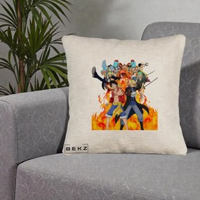 Perna Personalizata One Piece Echipa Straw Hat in Flacari, 40x40 cm, Bej Canapea, Husa Detasabila, Perna Inclusa, BEKZ®