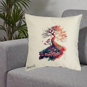 Perna Decorativa Copac Sakura Acuarela Fantasy, 40x40 cm, Ecru, Husa Detasabila, Perna Inclusa, BEKZ®