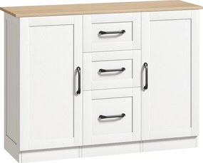 HOMCOM Bufet pentru living, mobilier de depozitare cu 2 uși cu închidere silențioasă și 3 sertare, 110x35x80,4cm, alb și lemn natural | Aosom Romania