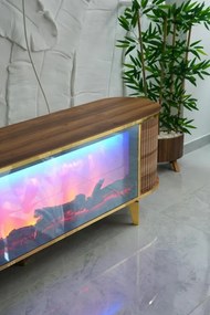 RESIGILAT- Comoda TV cu șemineu electric și riflaje, boxe Bluethooth, telecomandă, Lemn/Auriu, 180x40x50cm