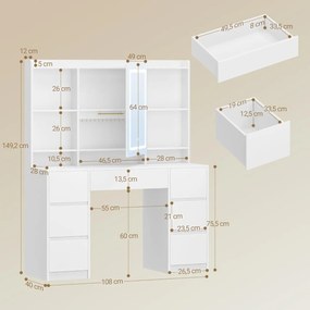 Masuta machiaj cu Oglinda LED si 7 Sertare pentru Cosmetice, Set Masa toaleta 108 cm, Alb, masuta cosmetica, vanity - SEA4