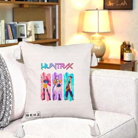 Perna Personalizata K-pop HUNTRX Trio cu Pisica in Benzi, 40x40 cm, Bej cu Franjuri, Husa Detasabila, Perna Inclusa, BEKZ®