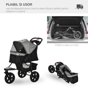 Carucior pentru Caini PawHut Pliabil cu 3 Roti cu Frana, Otel si Oxford, Gri si Negru, 109.5x54.5x106.5cm | AOSOM RO