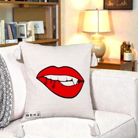 Perna Decorativa Vampire Lips Halloween, 40x40 cm, Bej cu Franjuri, Husa Detasabila, Perna Inclusa, BEKZ®
