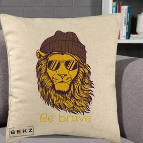 Perna Decorativa Leu Hipster Be Brave, 40x40 cm, Bej, Husa Detasabila, Perna Inclusa, BEKZ®