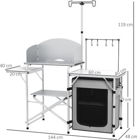 Outsunny Bucătărie de camping, pliabilă, 3 blaturi, paravan împotriva vântului, dulap textil, 144x48x119cm, argintiu | Aosom Romania