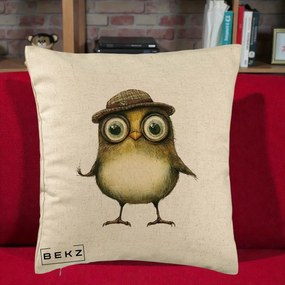 Perna Decorativa Pui Intelectual cu Palarie Tweed, 40x40 cm, Bej, Husa Detasabila, Perna Inclusa, BEKZ®