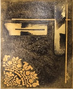Tablou decorativ în relief L 40cm x H 50cm „Abstract Gold Harmony”– design modern 3D, realizat manual - negru/auriu
