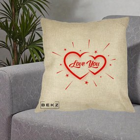 Cadou Romantic - Perna Personalizata Love You Doua Inimi, 40x40 cm, Crem, Husa Detasabila, Perna Inclusa, BEKZ®