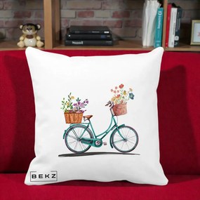 Perna Decorativa Bicicleta Florala Turcoaz Acuarela, 40x40 cm, Alba Mata, Husa Detasabila, Perna Inclusa, BEKZ®