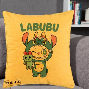 Perna Personalizata Labubu x Stitch cu Flori, 40x40 cm, Galben, Husa Detasabila, Perna Inclusa, BEKZ®