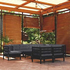 3096777 vidaXL Set mobilier de grădină cu perne 10 piese negru lemn masiv pin