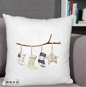 Perna Decorativa Ciorapi de Craciun pe Ramura, 40x40 cm, Alb Pufos, Husa Detasabila, Perna Inclusa, BEKZ®