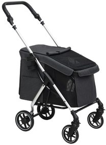 PawHut Cărucior pentru câini cu 4 roți, ușor și pliabil, pernă lavabilă, lesă de siguranță, ferestre multiple din plasă, gri | Aosom Romania