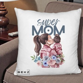 Cadou pentru Mama - Perna Personalizata Super Mom Mama cu Bebelusul, 40x40 cm, Alb Pufos, Husa Detasabila, Perna Inclusa, BEKZ®