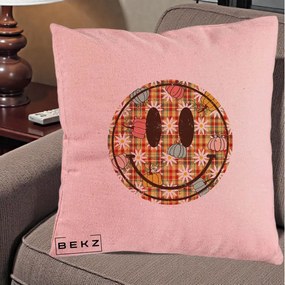 Perna Decorativa Smiley Face de Toamna cu Tartan si Dovlecei, 40x40 cm, Roz, Husa Detasabila, Perna Inclusa, BEKZ®