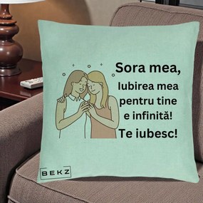 Cadou pentru Sora - Perna Personalizata Sora Mea Te Iubesc Imbratisare cu Sclipiri, 40x40 cm, Verde Menta, Husa Detasabila, Perna Inclusa, BEKZ®