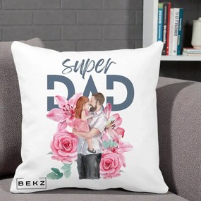 Cadou pentru Tata - Perna Personalizata Super Dad Tata cu Fetita si Flori, 40x40 cm, Alba Mata, Husa Detasabila, Perna Inclusa, BEKZ®