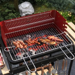 Outsunny Grătar cu Cărbuni, Roți si Grilaj cu Înălțime Reglabilă, 3 Rafturi și Tavă pentru Cenușă, 103x47x95 cm, Roșu | Aosom Romania