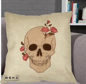 Perna Decorativa Craniu Floral Gothic, 40x40 cm, Crem, Husa Detasabila, Perna Inclusa, BEKZ®