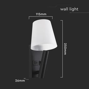 Lampă de perete LED cu port USB, 2W, 230V, 3000K, negru/alb