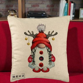 Perna Decorativa Pitic Gnom Craciun cu Coarne de Ren, 40x40 cm, Bej, Husa Detasabila, Perna Inclusa, BEKZ®