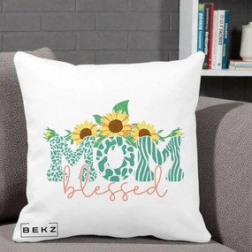 Cadou pentru Mama - Perna Personalizata Mom Blessed cu Floarea Soarelui Animal Print Teal, 40x40 cm, Alba Mata, Husa Detasabila, Perna Inclusa, BEKZ®