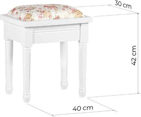 Taburet lemn masiv alb Elizabeth /Floral, 40 × 30 × 42 cm