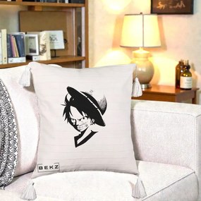 Perna Personalizata One Piece Luffy Silueta Alb-Negru, 40x40 cm, Bej cu Franjuri, Husa Detasabila, Perna Inclusa, BEKZ®