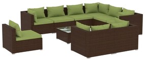 Set mobilier de gradina cu perne, 10 piese, maro, poliratan maro si verde, 4x mijloc + 5x colt + masa, 1