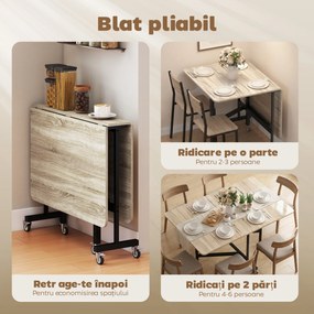 HOMCOM Masă Pliabilă pentru Dining, Masă de Bucătărie Extensibilă cu Roți și Frâne, pentru 4-6 Persoane, Birou Rabatabil cu Structură din Oțel, pentru Living, 120x80x73 cm, Stejar | Aosom Romania