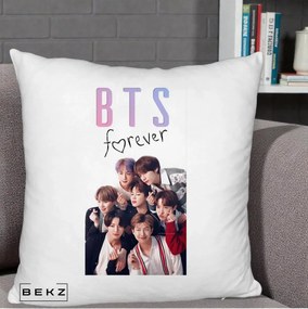 Perna Personalizata K-pop BTS Forever cu Foto Grup Negru, 40x40 cm, Alb Pufos, Husa Detasabila, Perna Inclusa, BEKZ®