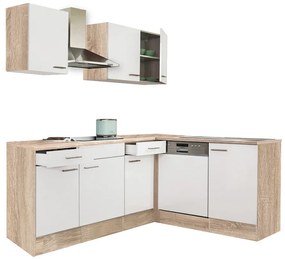 Mobilă de bucătărie de colț Yorki 220, corp din stejar Sonoma, cu față alb satinat