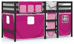 3283834 vidaXL Pat etajat de copii cu perdele, roz, 90x190 cm, lemn masiv pin