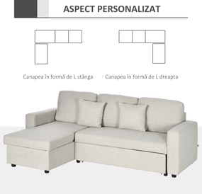HOMCOM Canapea Extensibilă de Colț în Formă de L, Cu Șezlong Convertibil și Spațiu de Depozitare, Tapițerie Crem cu Efect de In, Perne Incluse | Aosom Romania