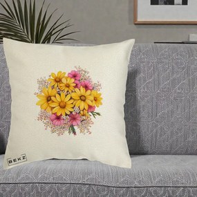 Perna Decorativa Floarea-Soarelui cu Cosmos Roz si Gypsophila, 40x40 cm, Ecru, Husa Detasabila, Perna Inclusa, BEKZ®