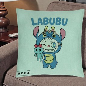 Perna Personalizata Labubu x Stitch cu Flori, 40x40 cm, Verde Menta, Husa Detasabila, Perna Inclusa, BEKZ®