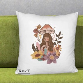 Perna Decorativa Fata Ciuperca Boho Florala, 40x40 cm, Alb Pufos, Husa Detasabila, Perna Inclusa, BEKZ®