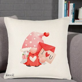 Cadou Romantic - Perna Personalizata I Love You Gnome Valentine cu Scrisoare, 40x40 cm, Crem Reliefat, Husa Detasabila, Perna Inclusa, BEKZ®