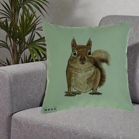 Perna Decorativa Veverita Acuarela, 40x40 cm, Verde, Husa Detasabila, Perna Inclusa, BEKZ®