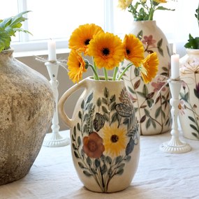 Carafă decorativă din ceramică cu motiv floral, H25/D17 cm, crem