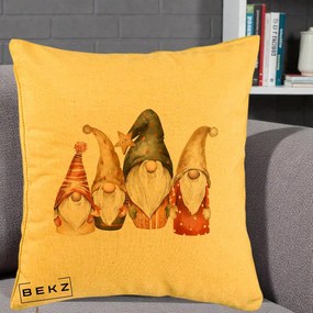 Perna Decorativa Gnomi de Craciun Patru, 40x40 cm, Galben, Husa Detasabila, Perna Inclusa, BEKZ®
