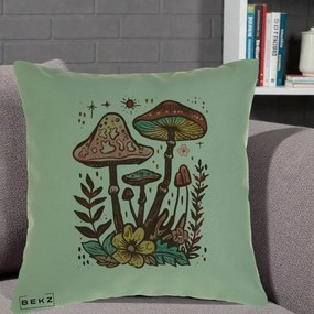 Perna Decorativa Ciuperci Boho Multicolore, 40x40 cm, Verde, Husa Detasabila, Perna Inclusa, BEKZ®