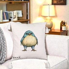 Perna Decorativa Pasare Albastra cu Sosete Albastre, 40x40 cm, Bej cu Franjuri, Husa Detasabila, Perna Inclusa, BEKZ®