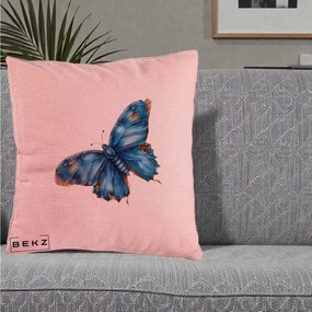 Perna Decorativa Fluture Albastru Satin cu Pete Aurii, 40x40 cm, Roz, Husa Detasabila, Perna Inclusa, BEKZ®
