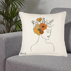 Perna Decorativa Portret Feminin Flori Galbene-Portocalii, 40x40 cm, Crem Reliefat, Husa Detasabila, Perna Inclusa, BEKZ®
